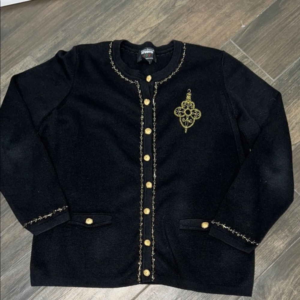 Designer Original Studio Black Cardigan with Gold Embroidery Vintage Sz L